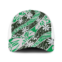 Matie Tahiti Tiare Monstera Mesh Trucker Cap Polynesian Pattern Curve Style LT01 One Size White Green - Polynesian Pride