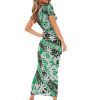 Matie Tahiti Tiare Monstera Short Sleeve Bodycon Dress Polynesian Pattern Curve Style - Polynesian Pride
