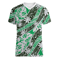 Matie Tahiti Tiare Monstera Women V-Neck T-Shirt Polynesian Pattern Curve Style - Polynesian Pride