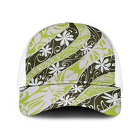 Olive Tahiti Tiare Monstera Baseball Net Cap Polynesian Pattern Curve Style LT01 One Size White Olive - Polynesian Pride
