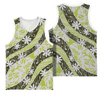 Olive Tahiti Tiare Monstera Basketball Jersey Polynesian Pattern Curve Style LT01 - Polynesian Pride