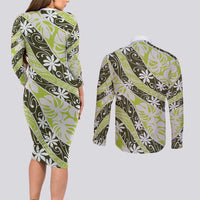 Olive Tahiti Tiare Monstera Couples Matching Long Sleeve Bodycon Dress and Long Sleeve Button Shirt Polynesian Pattern Curve Style LT01 - Polynesian Pride