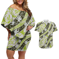 Olive Tahiti Tiare Monstera Couples Matching Off Shoulder Short Dress and Hawaiian Shirt Polynesian Pattern Curve Style LT01 Olive - Polynesian Pride
