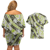 Olive Tahiti Tiare Monstera Couples Matching Off Shoulder Short Dress and Hawaiian Shirt Polynesian Pattern Curve Style LT01 - Polynesian Pride