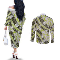 Olive Tahiti Tiare Monstera Couples Matching Off The Shoulder Long Sleeve Dress and Long Sleeve Button Shirt Polynesian Pattern Curve Style LT01 - Polynesian Pride