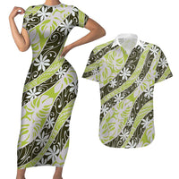 Olive Tahiti Tiare Monstera Couples Matching Short Sleeve Bodycon Dress and Hawaiian Shirt Polynesian Pattern Curve Style LT01 Olive - Polynesian Pride