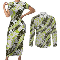 Olive Tahiti Tiare Monstera Couples Matching Short Sleeve Bodycon Dress and Long Sleeve Button Shirt Polynesian Pattern Curve Style LT01 Olive - Polynesian Pride