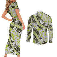 Olive Tahiti Tiare Monstera Couples Matching Short Sleeve Bodycon Dress and Long Sleeve Button Shirt Polynesian Pattern Curve Style LT01 - Polynesian Pride