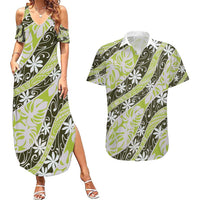 Olive Tahiti Tiare Monstera Couples Matching Summer Maxi Dress and Hawaiian Shirt Polynesian Pattern Curve Style - Polynesian Pride