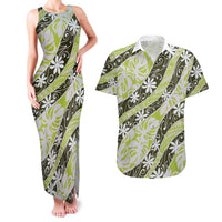 Olive Tahiti Tiare Monstera Couples Matching Tank Maxi Dress and Hawaiian Shirt Polynesian Pattern Curve Style LT01 Olive - Polynesian Pride