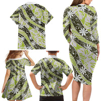 Olive Tahiti Tiare Monstera Family Matching Long Sleeve Bodycon Dress and Hawaiian Shirt Polynesian Pattern Curve Style - Polynesian Pride