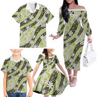 Olive Tahiti Tiare Monstera Family Matching Off The Shoulder Long Sleeve Dress and Hawaiian Shirt Polynesian Pattern Curve Style - Polynesian Pride