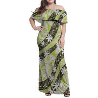 Olive Tahiti Tiare Monstera Family Matching Off Shoulder Maxi Dress and Hawaiian Shirt Polynesian Pattern Curve Style LT01 Mom's Dress Olive - Polynesian Pride