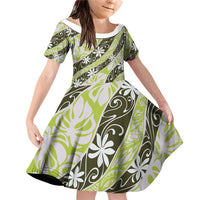 Olive Tahiti Tiare Monstera Family Matching Off Shoulder Short Dress and Hawaiian Shirt Polynesian Pattern Curve Style LT01 Daughter's Dress Olive - Polynesian Pride