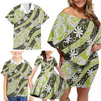 Olive Tahiti Tiare Monstera Family Matching Off Shoulder Short Dress and Hawaiian Shirt Polynesian Pattern Curve Style LT01 - Polynesian Pride