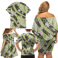 Olive Tahiti Tiare Monstera Family Matching Off Shoulder Short Dress and Hawaiian Shirt Polynesian Pattern Curve Style LT01 - Polynesian Pride