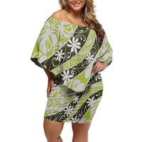 Olive Tahiti Tiare Monstera Family Matching Off Shoulder Short Dress and Hawaiian Shirt Polynesian Pattern Curve Style LT01 Mom's Dress Olive - Polynesian Pride