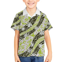 Olive Tahiti Tiare Monstera Family Matching Off Shoulder Short Dress and Hawaiian Shirt Polynesian Pattern Curve Style LT01 Son's Shirt Olive - Polynesian Pride