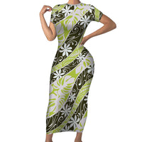 Olive Tahiti Tiare Monstera Family Matching Short Sleeve Bodycon Dress and Hawaiian Shirt Polynesian Pattern Curve Style - Polynesian Pride