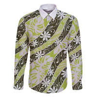 Olive Tahiti Tiare Monstera Family Matching Summer Maxi Dress and Hawaiian Shirt Polynesian Pattern Curve Style LT01 Dad's Shirt - Long Sleeve Olive - Polynesian Pride
