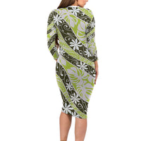 Olive Tahiti Tiare Monstera Long Sleeve Bodycon Dress Polynesian Pattern Curve Style - Polynesian Pride