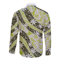 Olive Tahiti Tiare Monstera Long Sleeve Button Shirt Polynesian Pattern Curve Style LT01 - Polynesian Pride