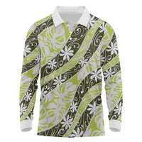 Olive Tahiti Tiare Monstera Long Sleeve Polo Shirt Polynesian Pattern Curve Style LT01 Olive - Polynesian Pride