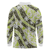 Olive Tahiti Tiare Monstera Long Sleeve Polo Shirt Polynesian Pattern Curve Style LT01 - Polynesian Pride