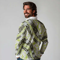 Olive Tahiti Tiare Monstera Long Sleeve Polo Shirt Polynesian Pattern Curve Style LT01 - Polynesian Pride