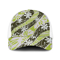 Olive Tahiti Tiare Monstera Mesh Trucker Cap Polynesian Pattern Curve Style LT01 One Size White Olive - Polynesian Pride