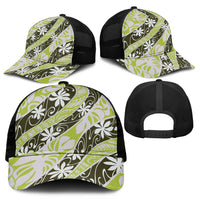 Olive Tahiti Tiare Monstera Mesh Trucker Cap Polynesian Pattern Curve Style - Polynesian Pride
