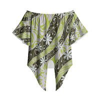 Olive Tahiti Tiare Monstera Off Shoulder Wrap Waist Top Polynesian Pattern Curve Style LT01 Olive - Polynesian Pride