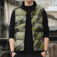 Olive Tahiti Tiare Monstera Sleeveless Puffer Jacket Polynesian Pattern Curve Style LT01 - Polynesian Pride
