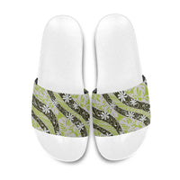 Olive Tahiti Tiare Monstera Slide Sandals Polynesian Pattern Curve Style - Polynesian Pride