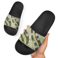Olive Tahiti Tiare Monstera Slide Sandals Polynesian Pattern Curve Style - Polynesian Pride