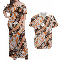 Puatou Tahiti Tiare Monstera Couples Matching Off Shoulder Maxi Dress and Hawaiian Shirt Polynesian Pattern Curve Style LT01 Orange - Polynesian Pride