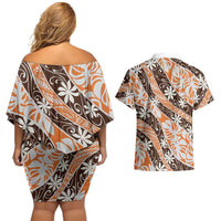 Puatou Tahiti Tiare Monstera Couples Matching Off Shoulder Short Dress and Hawaiian Shirt Polynesian Pattern Curve Style LT01 - Polynesian Pride