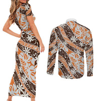 Puatou Tahiti Tiare Monstera Couples Matching Short Sleeve Bodycon Dress and Long Sleeve Button Shirt Polynesian Pattern Curve Style LT01 - Polynesian Pride