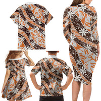Puatou Tahiti Tiare Monstera Family Matching Long Sleeve Bodycon Dress and Hawaiian Shirt Polynesian Pattern Curve Style - Polynesian Pride