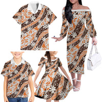 Puatou Tahiti Tiare Monstera Family Matching Off The Shoulder Long Sleeve Dress and Hawaiian Shirt Polynesian Pattern Curve Style - Polynesian Pride