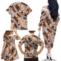 Puatou Tahiti Tiare Monstera Family Matching Off The Shoulder Long Sleeve Dress and Hawaiian Shirt Polynesian Pattern Curve Style - Polynesian Pride