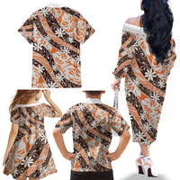 Puatou Tahiti Tiare Monstera Family Matching Off The Shoulder Long Sleeve Dress and Hawaiian Shirt Polynesian Pattern Curve Style - Polynesian Pride