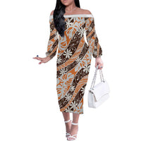 Puatou Tahiti Tiare Monstera Family Matching Off The Shoulder Long Sleeve Dress and Hawaiian Shirt Polynesian Pattern Curve Style - Polynesian Pride