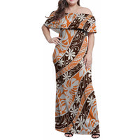 Puatou Tahiti Tiare Monstera Family Matching Off Shoulder Maxi Dress and Hawaiian Shirt Polynesian Pattern Curve Style - Polynesian Pride