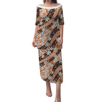 Puatou Tahiti Tiare Monstera Family Matching Puletasi and Hawaiian Shirt Polynesian Pattern Curve Style LT01 Mom's Dress Orange - Polynesian Pride