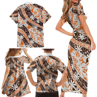 Puatou Tahiti Tiare Monstera Family Matching Short Sleeve Bodycon Dress and Hawaiian Shirt Polynesian Pattern Curve Style LT01 - Polynesian Pride