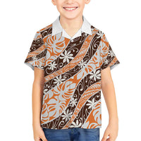 Puatou Tahiti Tiare Monstera Family Matching Short Sleeve Bodycon Dress and Hawaiian Shirt Polynesian Pattern Curve Style LT01 Son's Shirt Orange - Polynesian Pride