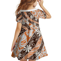 Puatou Tahiti Tiare Monstera Kid Short Sleeve Dress Polynesian Pattern Curve Style - Polynesian Pride