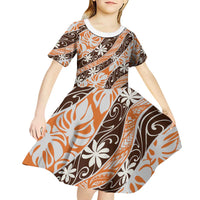 Puatou Tahiti Tiare Monstera Kid Short Sleeve Dress Polynesian Pattern Curve Style - Polynesian Pride