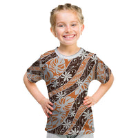 Puatou Tahiti Tiare Monstera Kid T Shirt Polynesian Pattern Curve Style LT01 Orange - Polynesian Pride